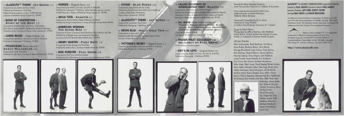 Zadní část předního obalu CD "Due South vol.1 Soundtrack" s popisem písniček a poděkováním + copyright. Obal se skládá na 3 části jako vánoční přání.